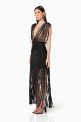 model wearing V shaped Impact maxi gown in black side shot