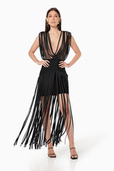 model wearing V shaped Impact maxi gown in black front shot
