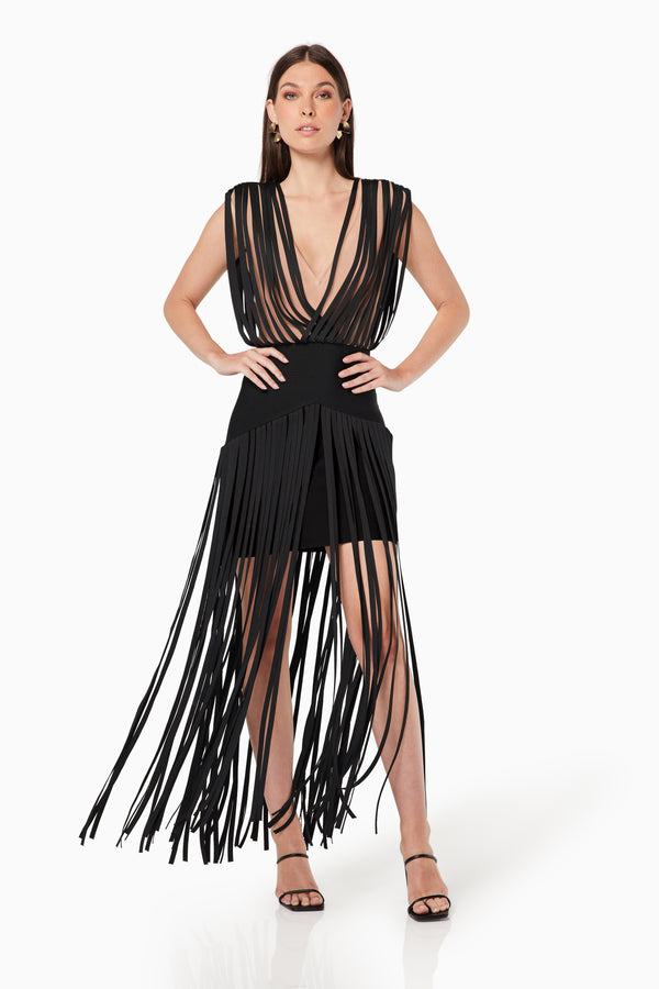model wearing V shaped Impact maxi gown in black front shot