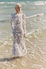 Model wearing Shannon 3D Floral Midi Dress In White front shot