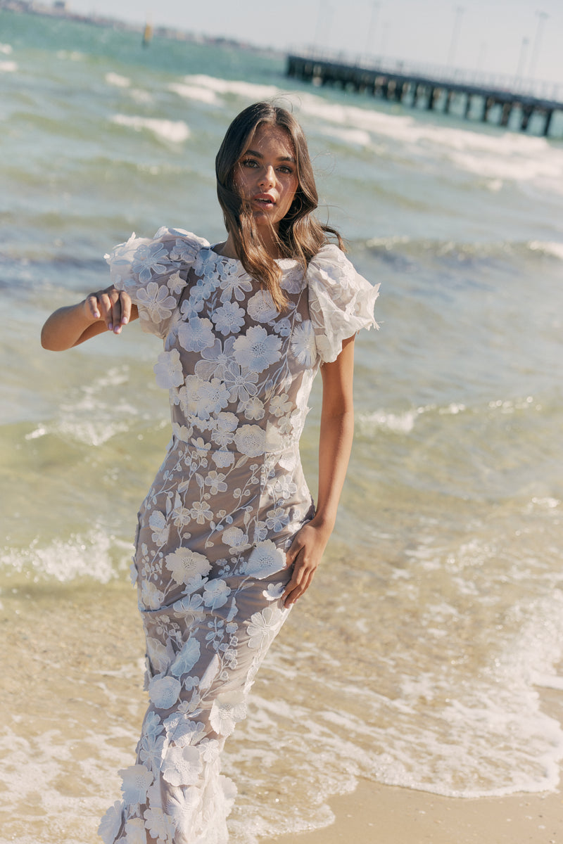 model wearing Astraea 3D Lace Maxi Dress In White front shot