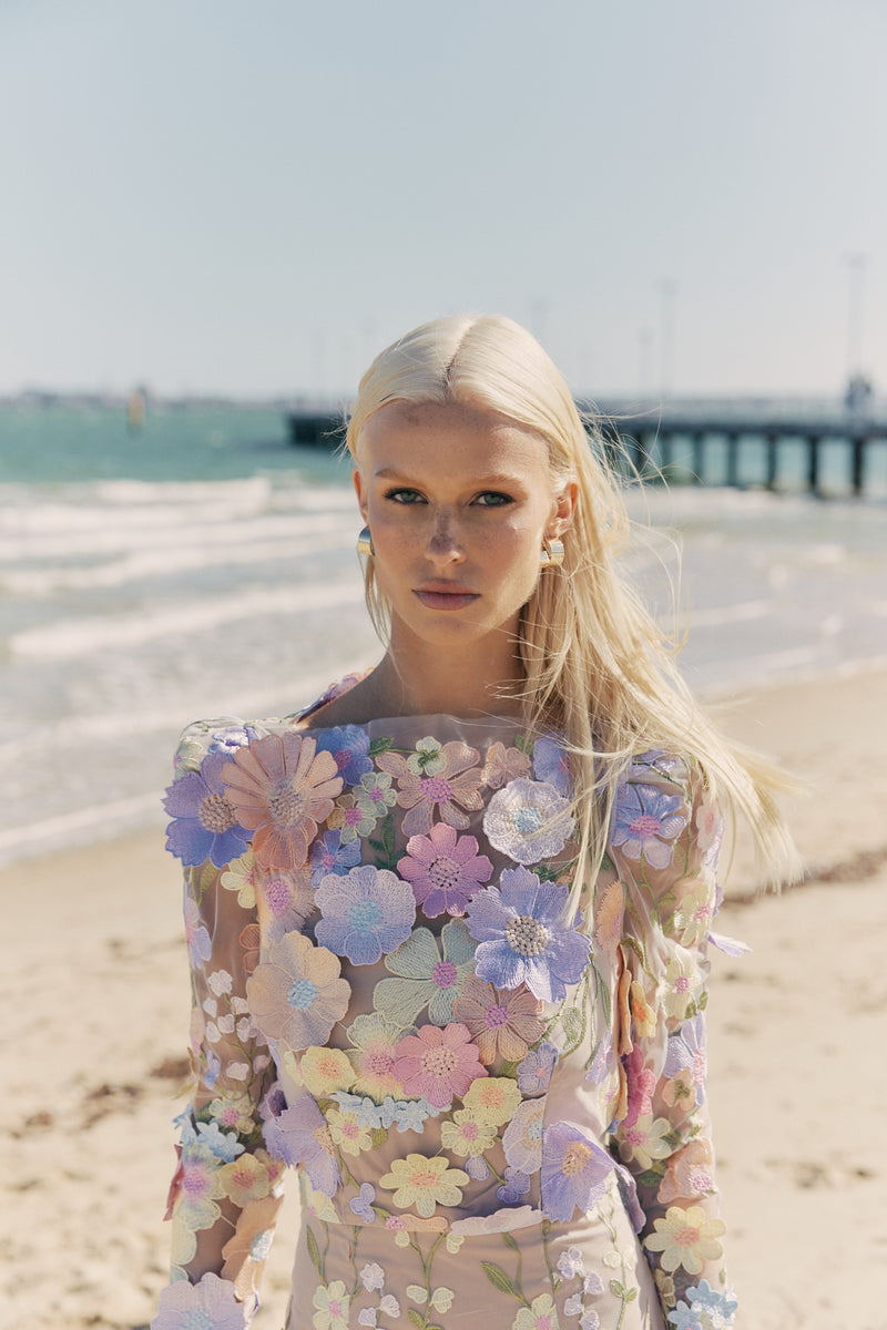 blonde model wearing Shannon 3D Floral Midi Dress In Pastel front shot