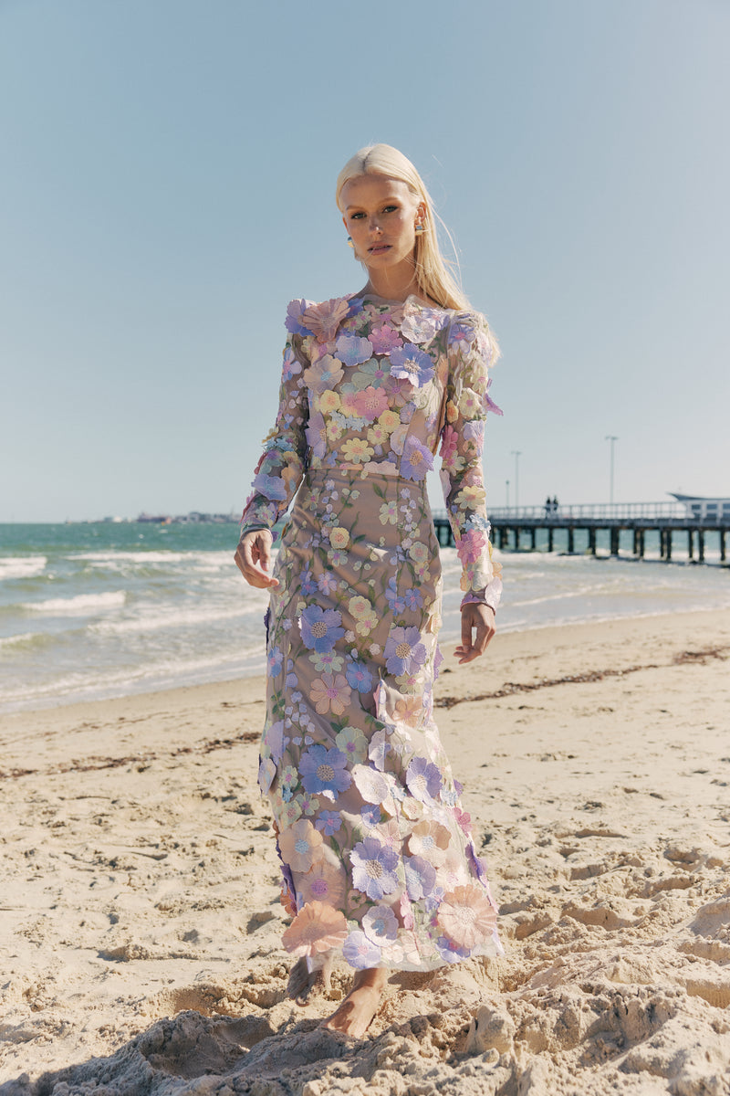 blonde model wearing Shannon 3D Floral Midi Dress In Pastel front shot