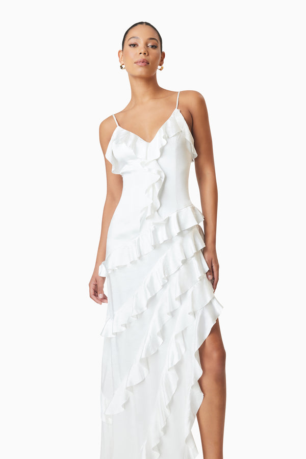 model wearing Kyla Asymmetrical Maxi Dress in White front shot