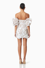 model wearing Perry Embellished Mini Dress in White back shot