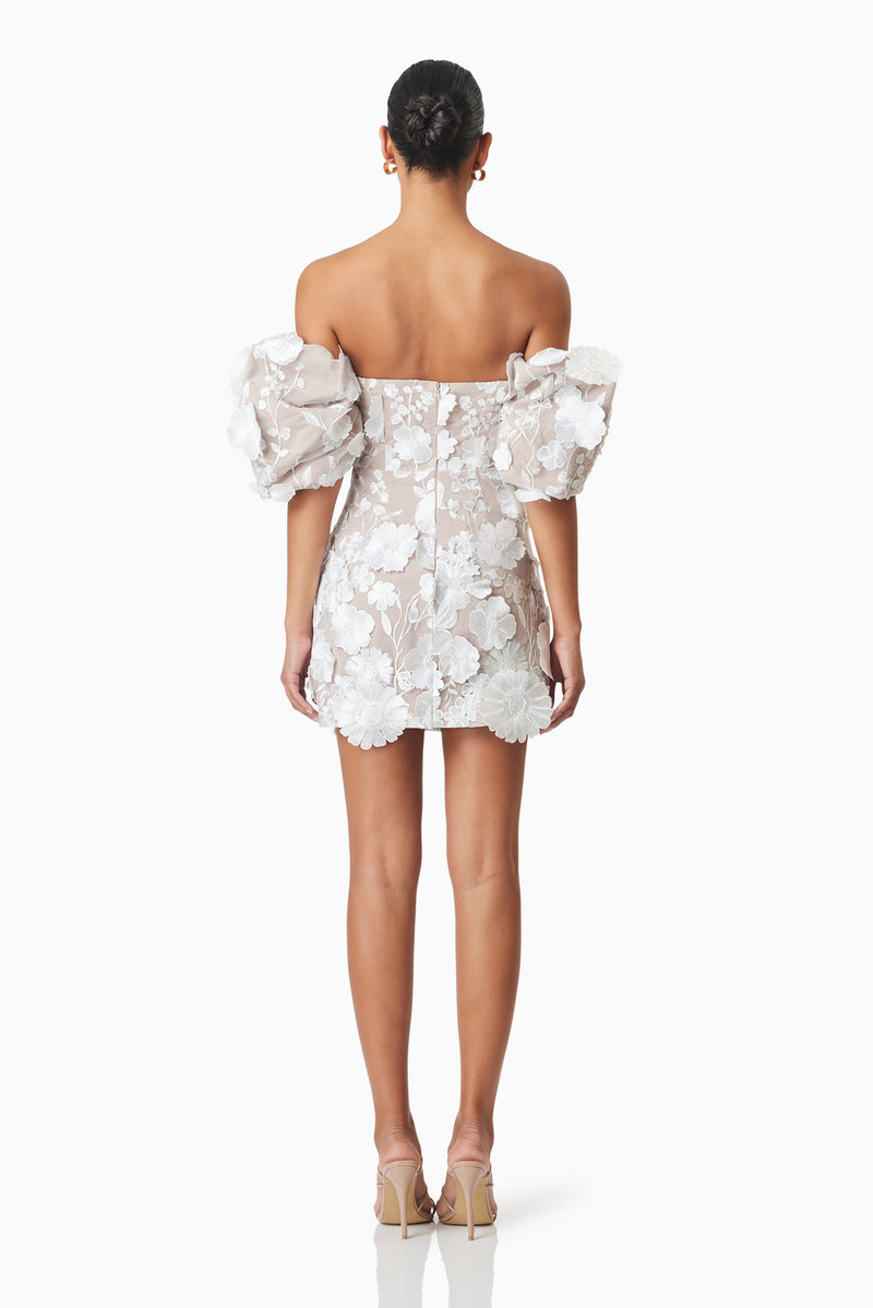 model wearing Perry Embellished Mini Dress in White back shot
