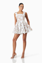 Model wearing Moana Embellished Mini Dress in White front shot