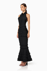 model wearing Theatrical high neckline maxi gown in black side shot