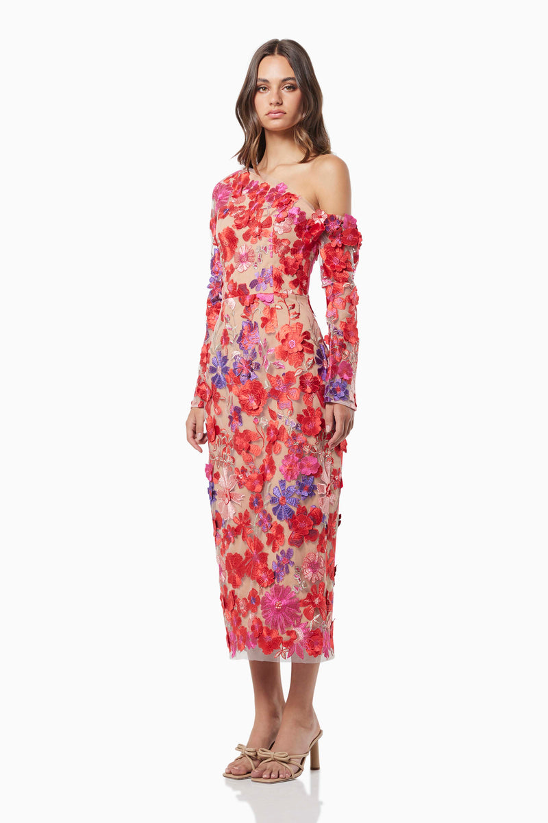 model wearing Electric one shoulder floral 3D maxi dress in multi side shot