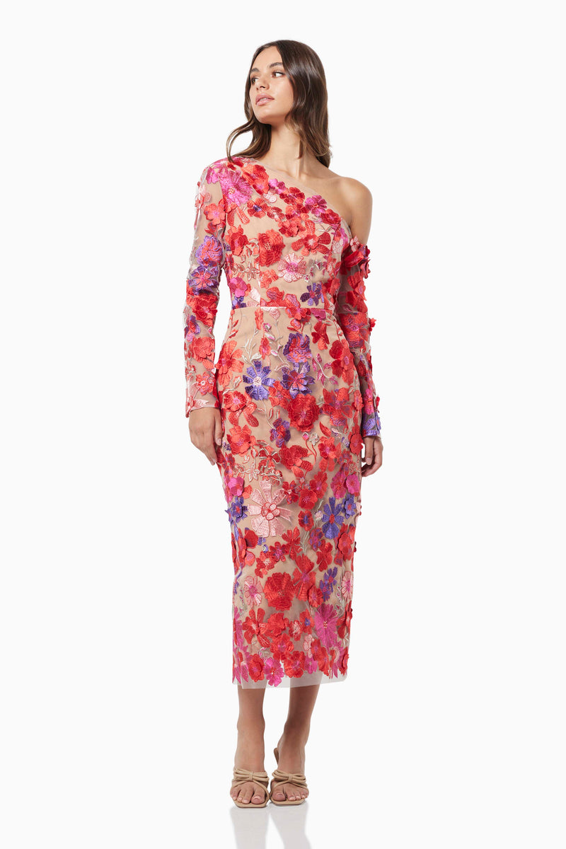 model wearing Electric one shoulder floral 3D maxi dress in multi front shot