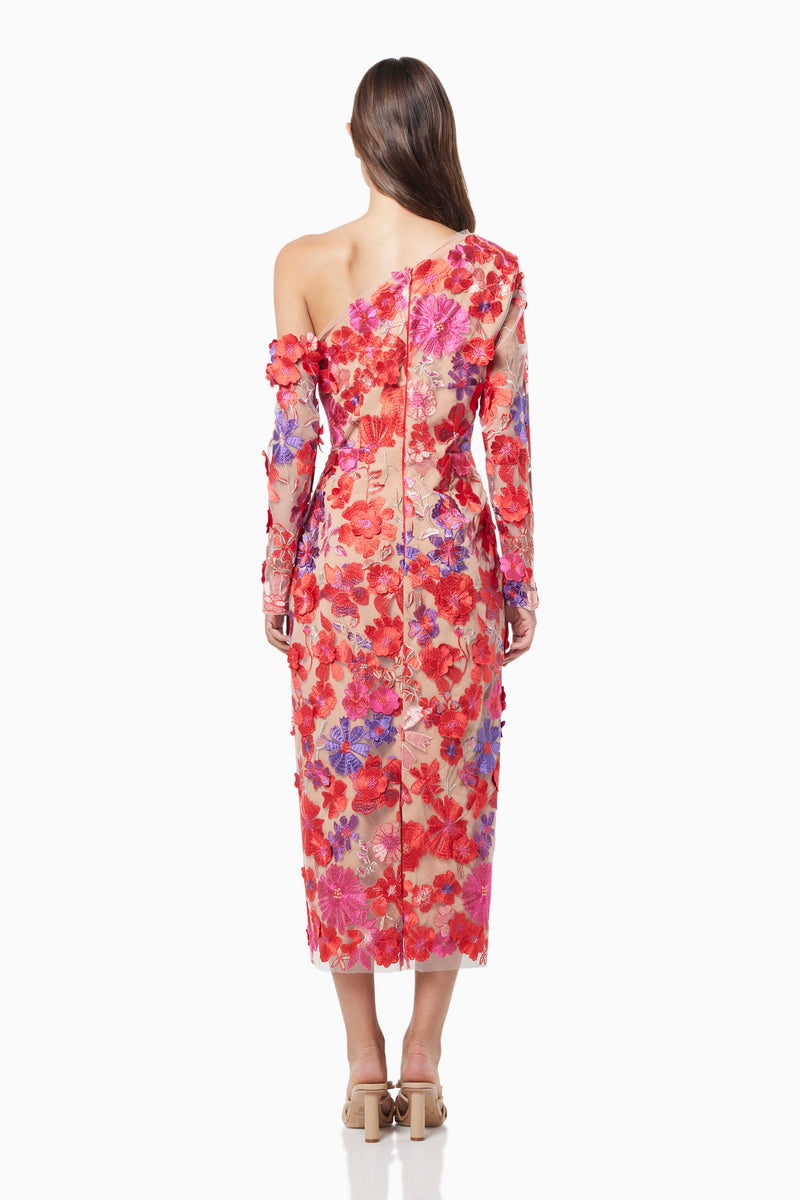 model wearing Electric one shoulder floral 3D maxi dress in multi back shot