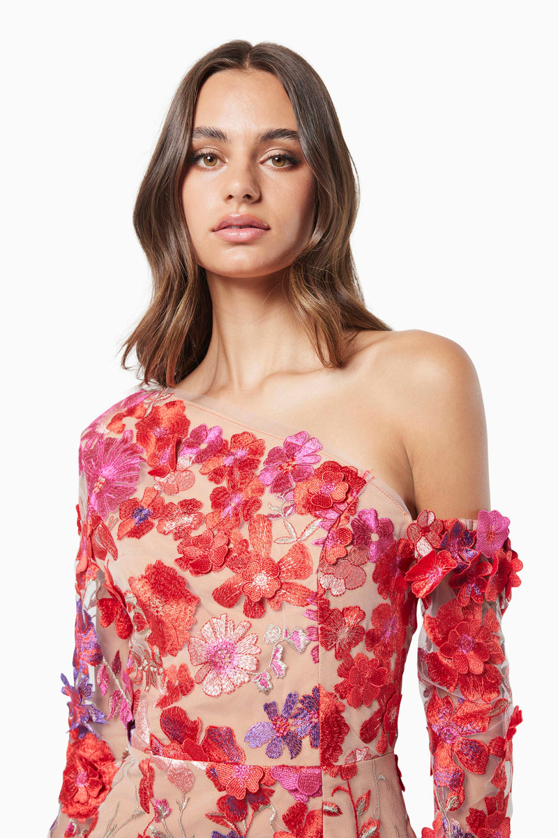 model wearing Electric one shoulder floral 3D maxi dress in multi close up shot