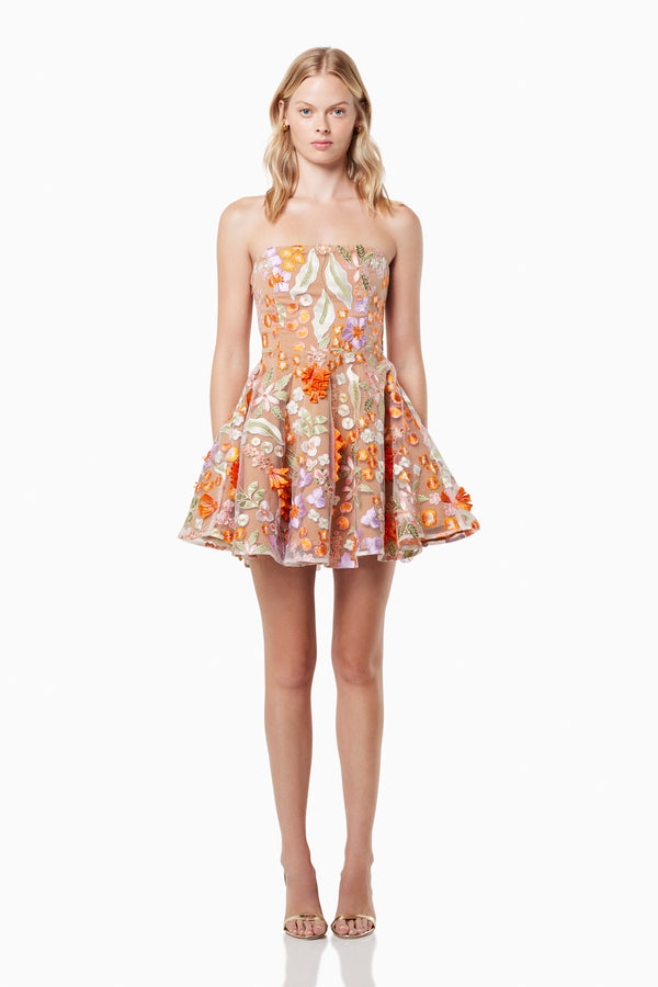 blonde model wearing Discotheque 3D floral mini dress in multi front shot