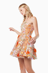 blonde model wearing Discotheque 3D floral mini dress in multi side shot