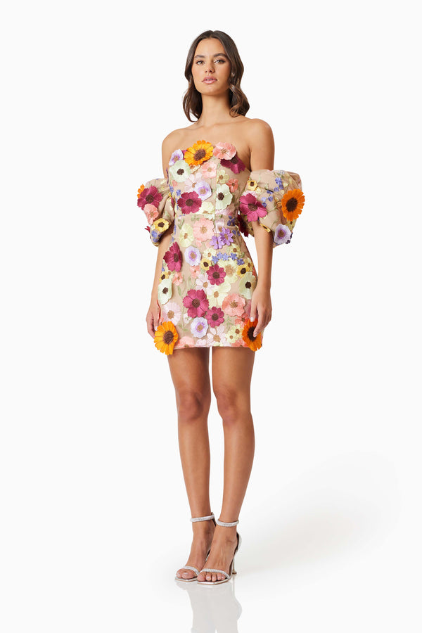 Brunette model wearing the Perry Embellished Mini Dress in Multi  side shot