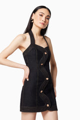 model wearing MYKONOS HALTER NECK MINI DRESS IN BLACK close up shot