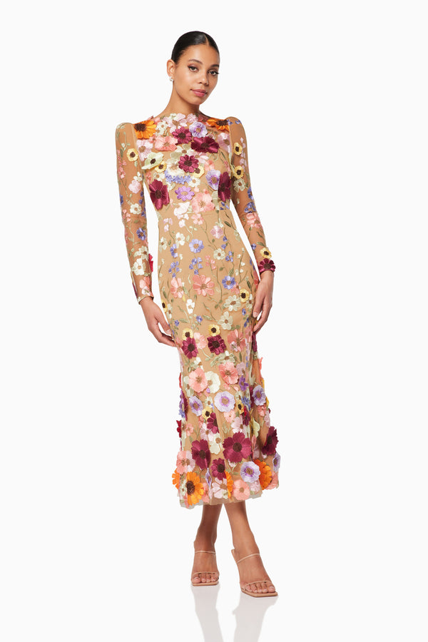 burnette women wearing floral 3D Shannon midi dress front shot