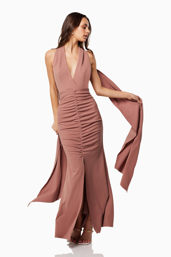 Zephyra Halterneck Midi Dress In Brown