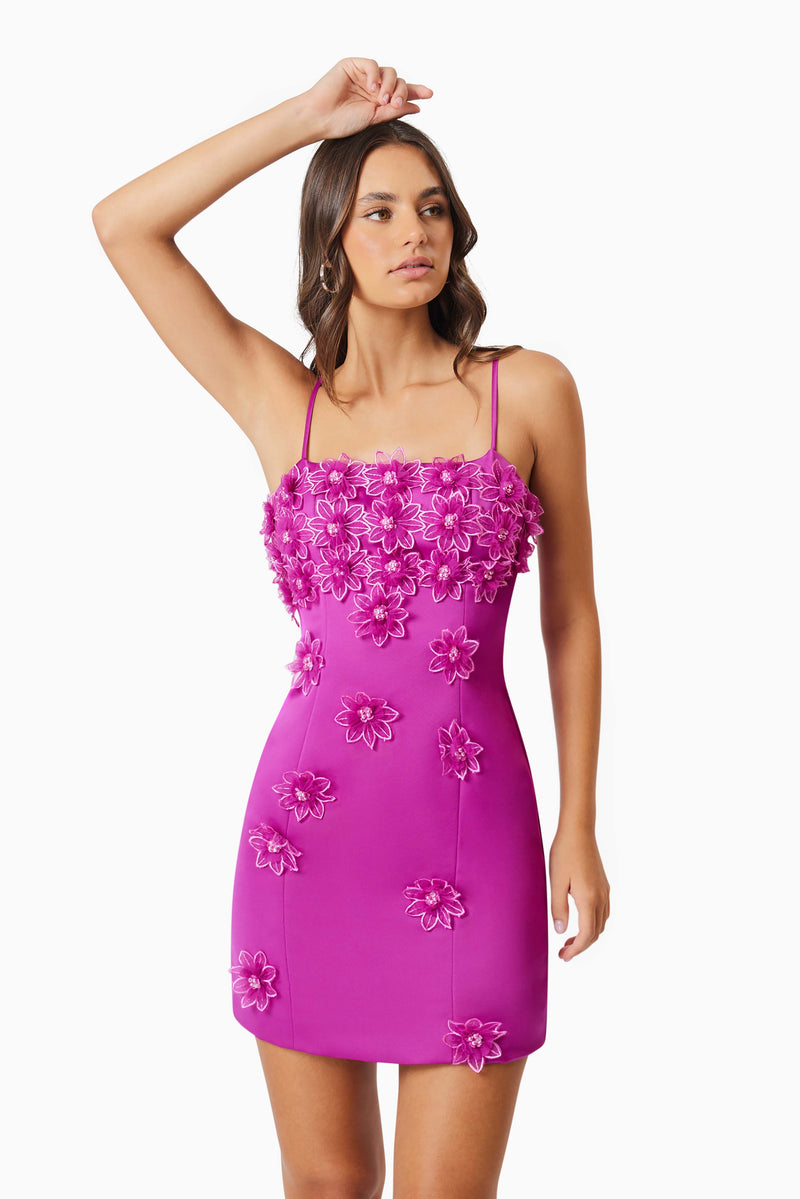 Brunette model wearing Sutton Mini Dress in Purple front shot