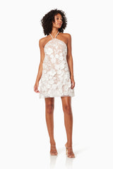 model wearing Callista floral 3D mini dress in ivory front shot