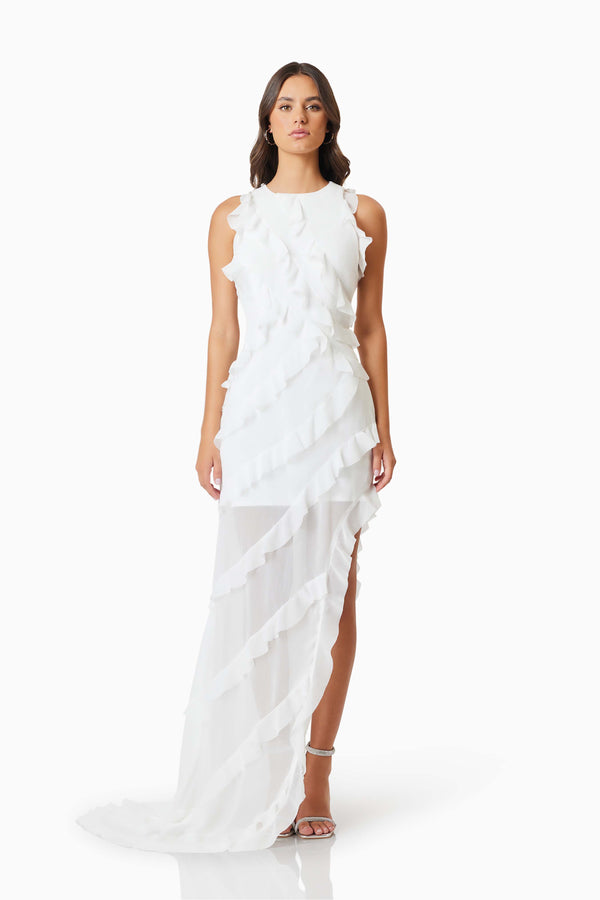 Brunette model wearing Celeana Textured Sheer Dress in White front shot
