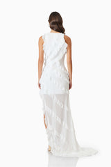 Brunette model wearing Celeana Textured Sheer Dress in White back