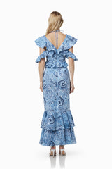 Model wearing SNOW PRINTED LINEN MAXI GOWN IN BLUE back shot