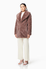 Brunette model wearing WYOMING FAUX FUR COAT IN BROWN side shot