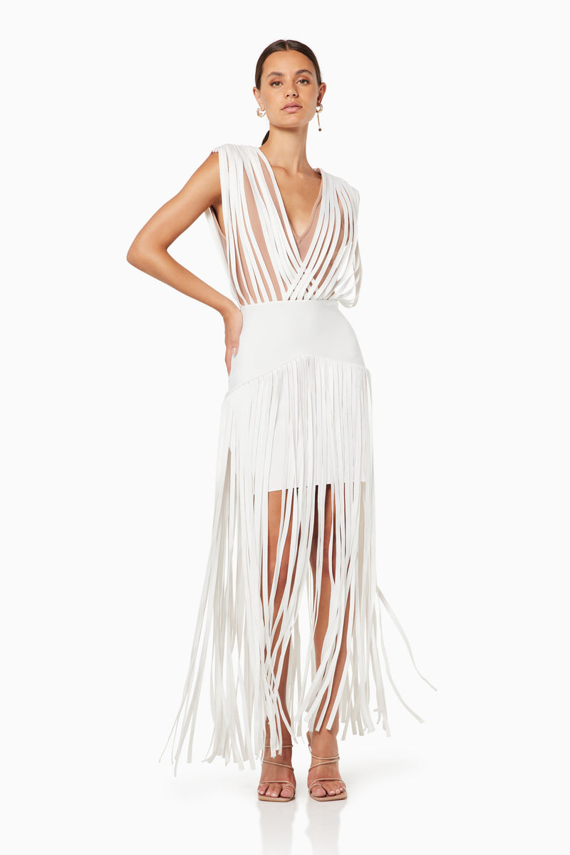 model wearing V shaped Impact maxi gown in white front shot