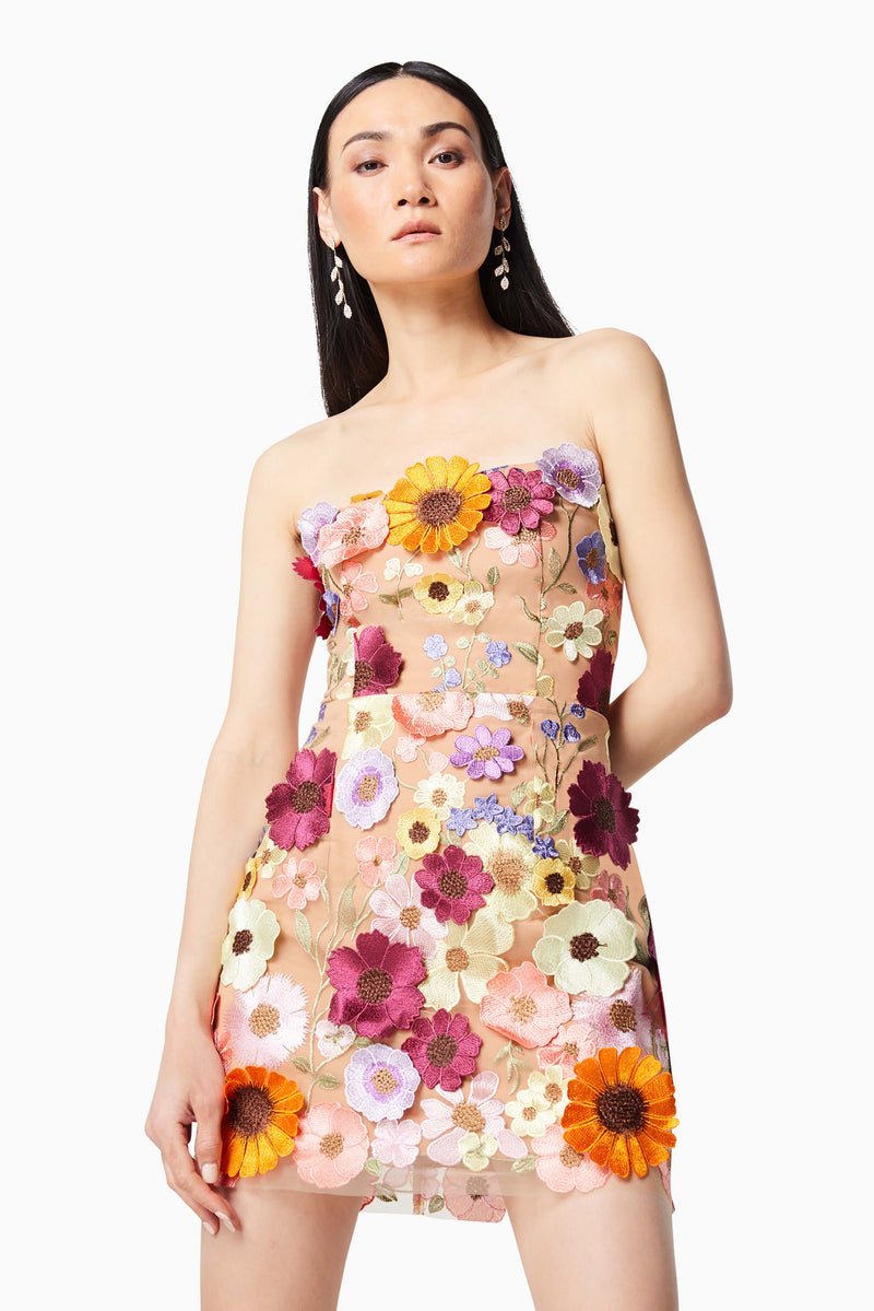 model wearing Arabella floral mini dress in multi front close up shot