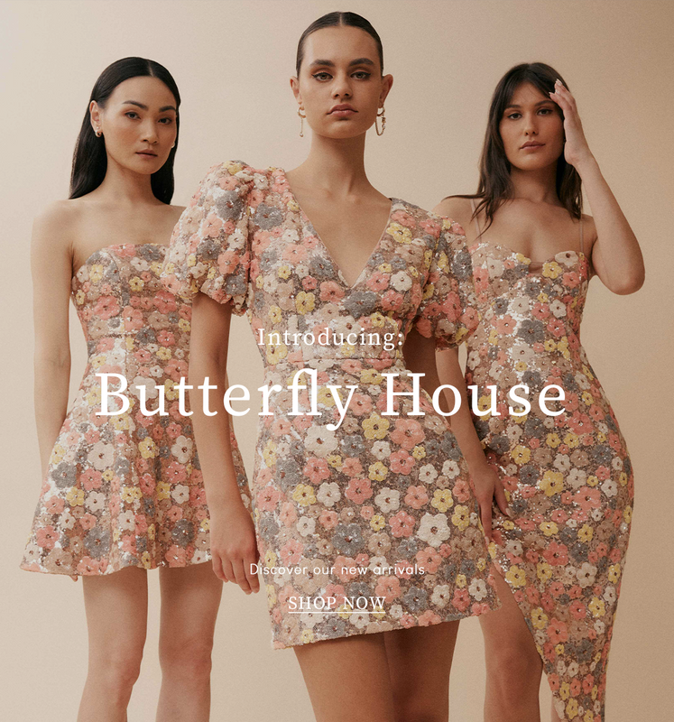 three models wearing floral mini dresses and midi dress with sequins