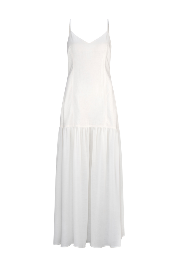 CURAAE Palm Drop Waist Frill Summer Maxi Dress In White