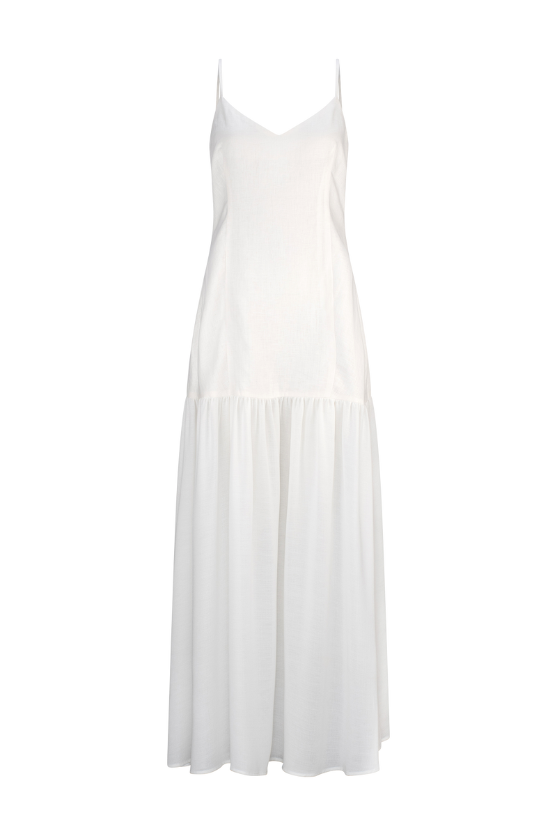 CURAAE Palm Drop Waist Frill Summer Maxi Dress In White