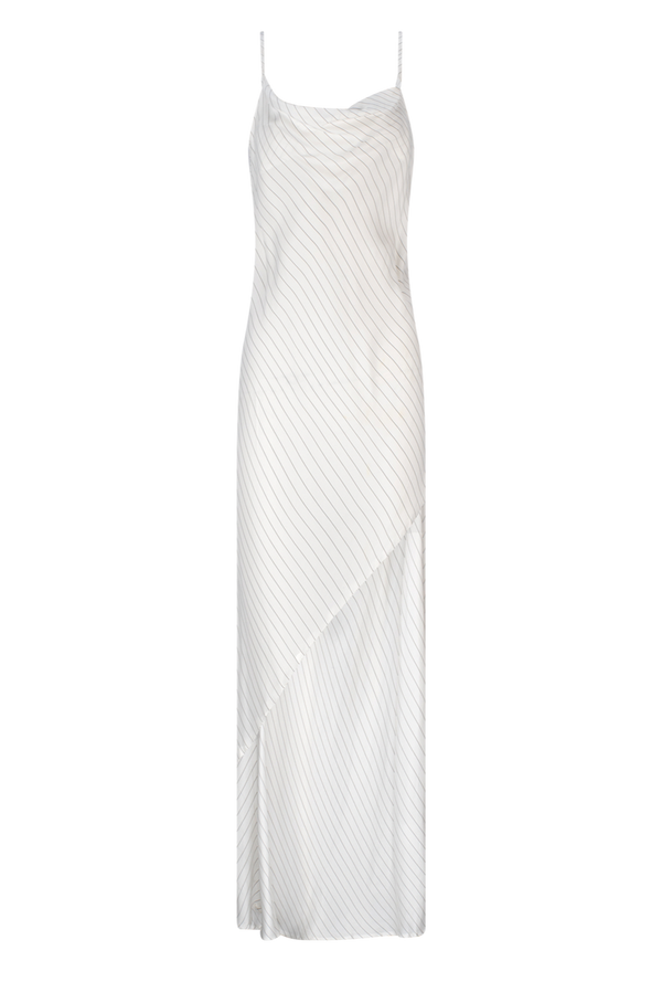 CURAAE Bella Maxi Cowl Neck Pinstripe Slip Dress In White