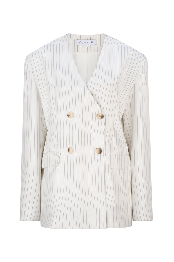 CURAAE Harper Oversized Double Breasted Pinstripe Blazer In White