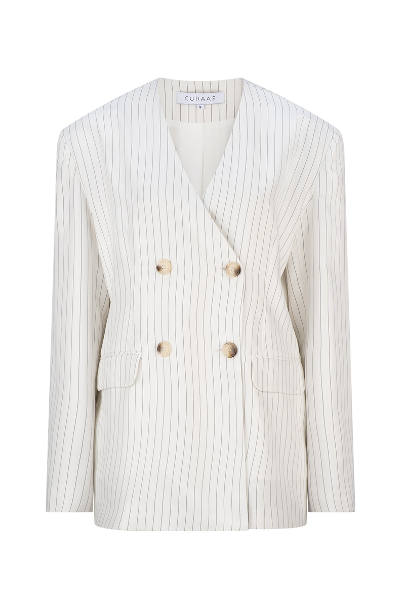 CURAAE Harper Oversized Double Breasted Pinstripe Blazer In White