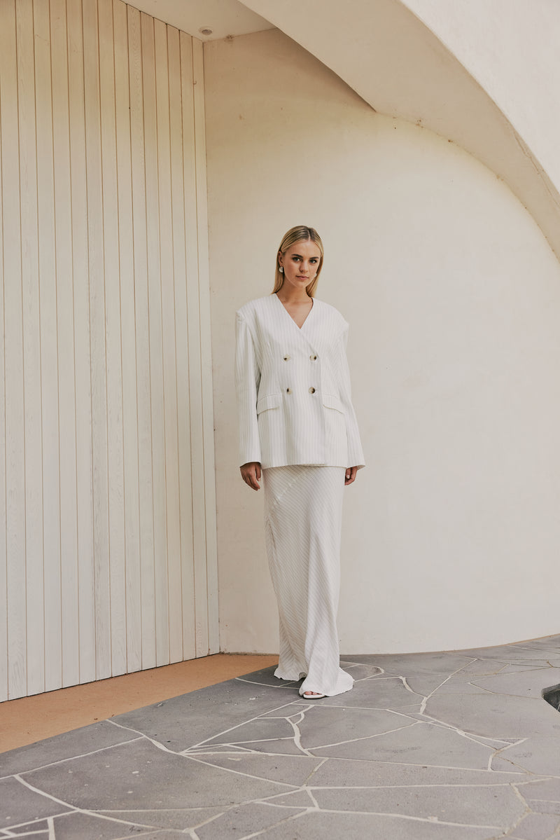 Blonde model wearing Harper Blazer front shot 