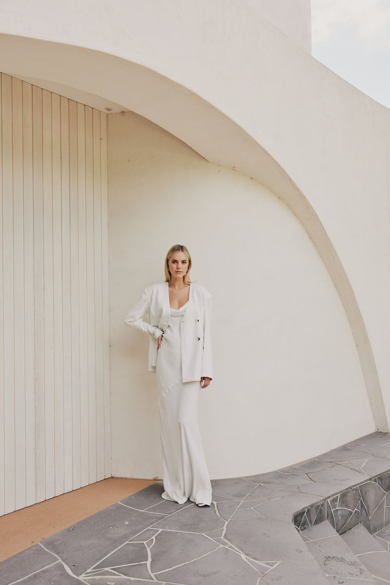 Blonde model wearing Harper Blazer front shot 