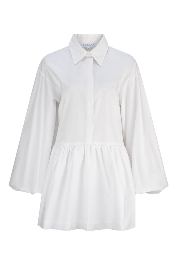 CURAAE Vienna Bubble Low Waist Skirt Long Sleeve Shirt Dress In White product shot