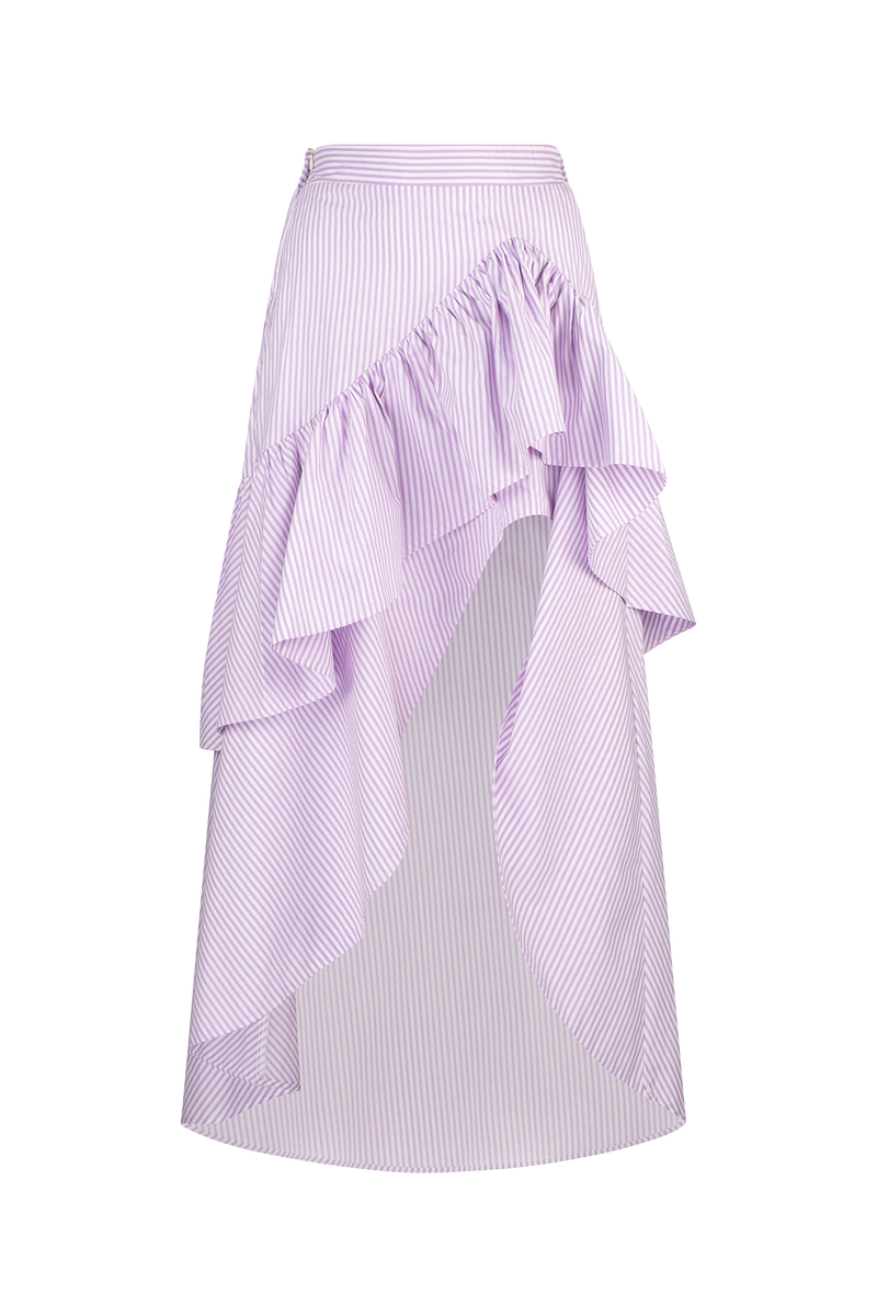 CURAAE Capri Midi Frill Asymmetrical High Waisted Skirt In Lilac & White Stripe product shot