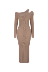 Product shot CURAAE Amara One Shoulder Asymmetrical Dress Knit Braided Dress In Tan