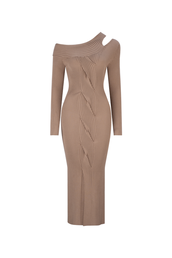 Product shot CURAAE Amara One Shoulder Asymmetrical Dress Knit Braided Dress In Tan