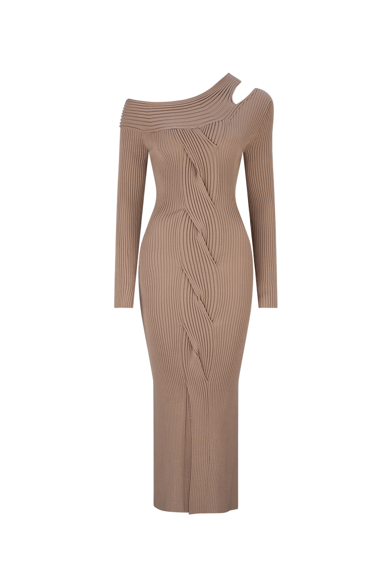 Product shot CURAAE Amara One Shoulder Asymmetrical Dress Knit Braided Dress In Tan