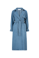 CURAAE Aurora Long Denim Textured Tie Trench In Mid Blue product shot 