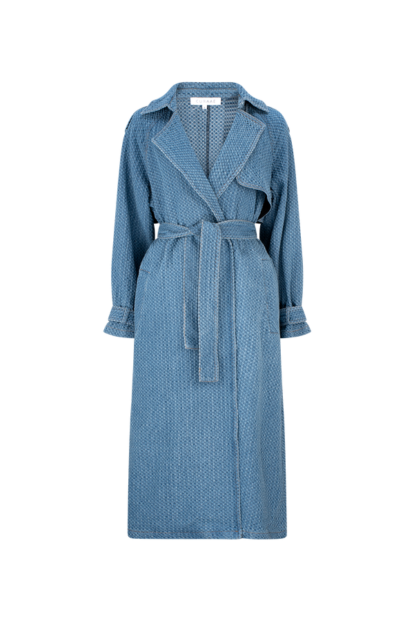 CURAAE Aurora Long Denim Textured Tie Trench In Mid Blue product shot 