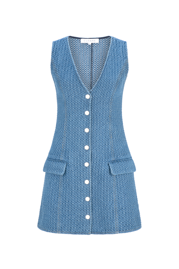 CURAAE Isadora Textured Denim V Neck A Line Mini Dress In Mid Blue product shot