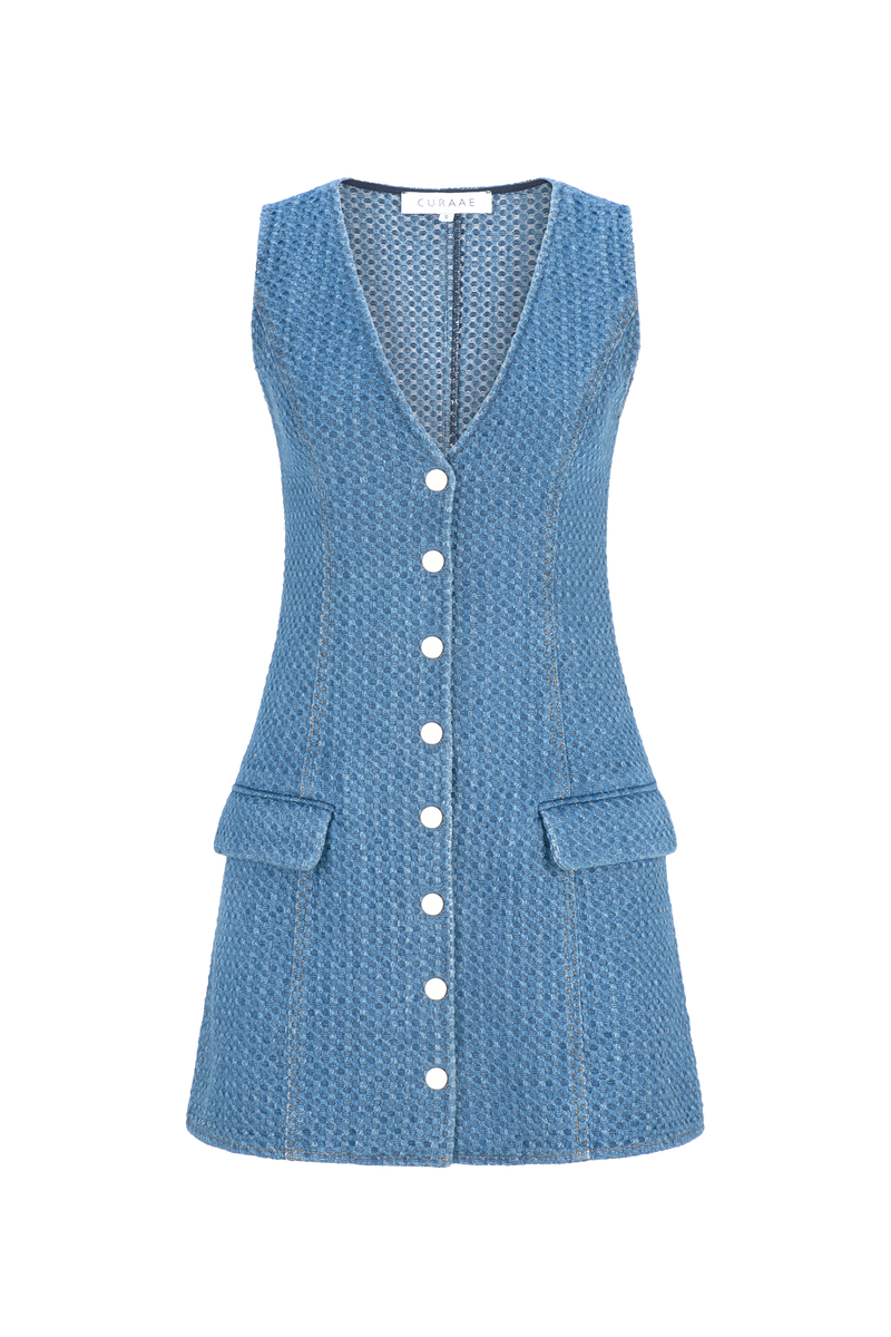 CURAAE Isadora Textured Denim V Neck A Line Mini Dress In Mid Blue product shot