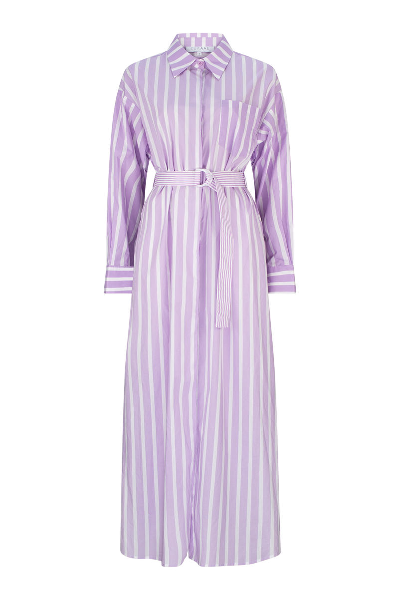 CURAAE Jasmine Maxi Shirt Tie A Line Dress In Lilac Stripe product shot