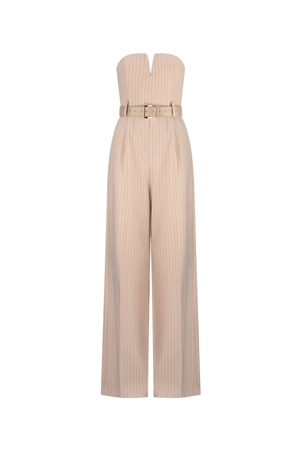 CURAAE Seraphina Tailored Pinstripe Jumpsuit In Beige