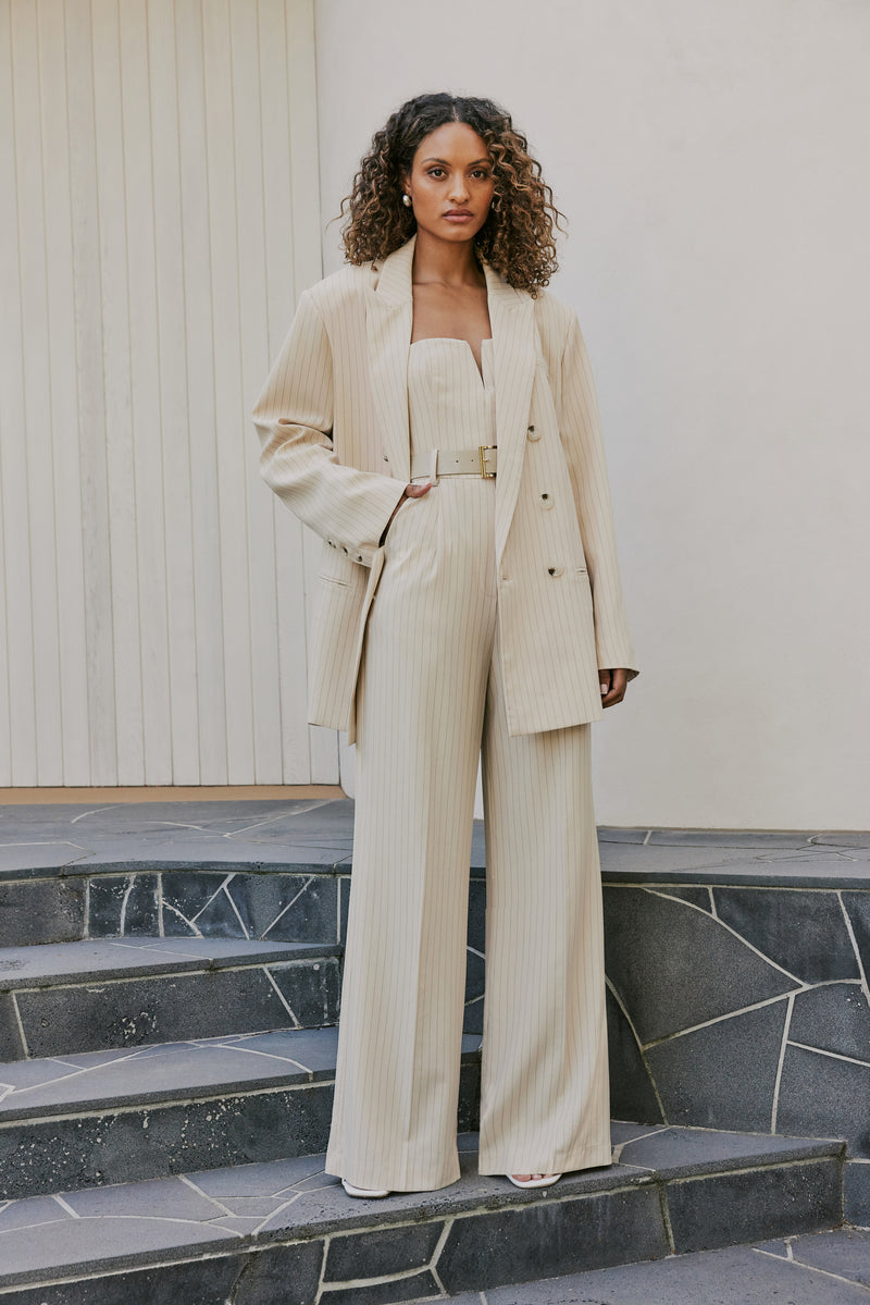 Model wearing Lyric Oversized Pinstripe Blazer In Beige front shot